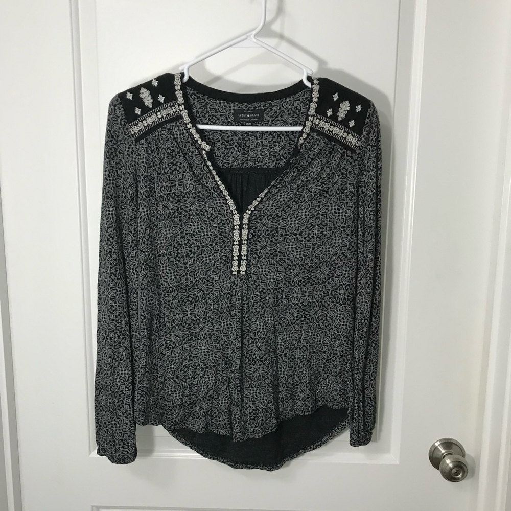 Lucky Brand Boho Embroidered Tunic Long Sleeve Top Size XS